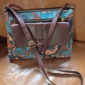 FOSSIL Large Kinley Crossbody Leather/Tapestry Aztec NWOT
